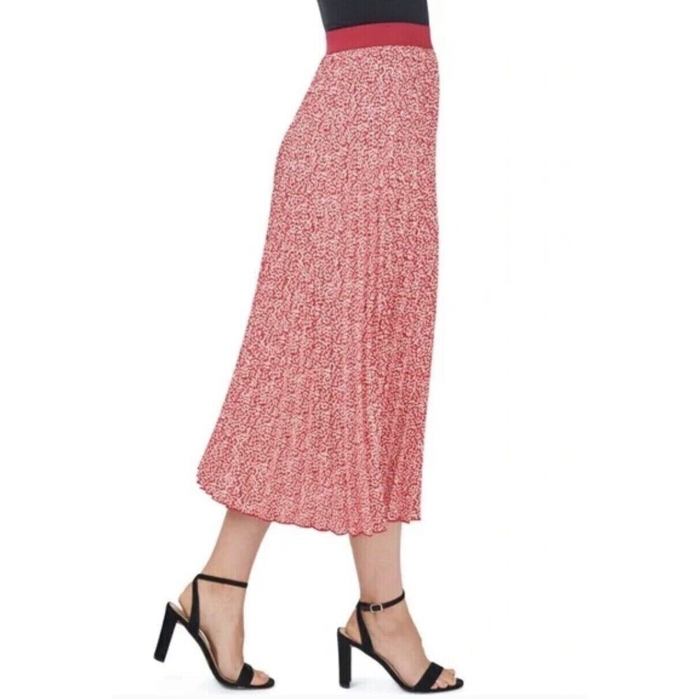 Vince Camuto Size XS Twiggy Dot Pleated Midi Skirt Pink A-Line Elastic Waist